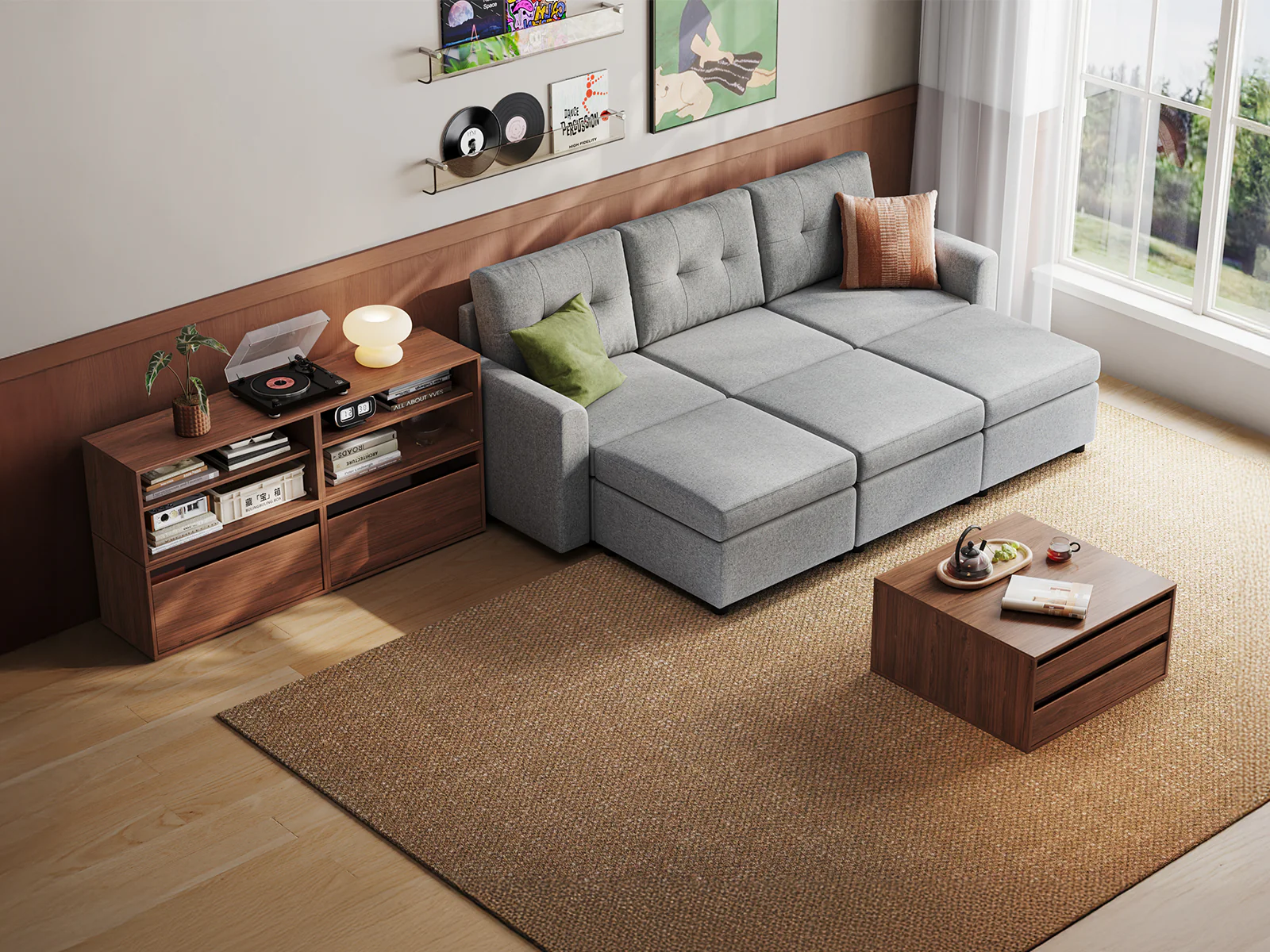 RUBIK III 3 Seats with 3 Ottomans & CABIK I Modular Storage Cabinet - Image 8